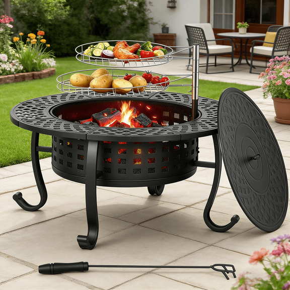 Dkelincs 36 inch Fire Pit with 2 Adjustable Grills, 3-in-1 Wood Burning Outdoor Fire Pit, BBQ Grill & Round Metal Fire Pit Table for Patio Picnic Party
