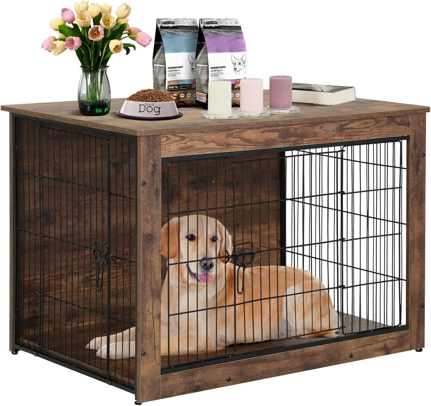 Rustic Brown Wooden Dog Crate End Table with Steel Mesh