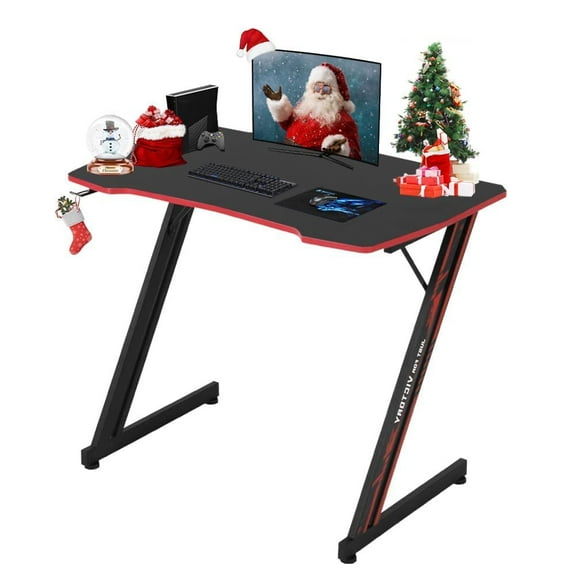 Dkelincs 39.4 inch Gaming Desk Z Shaped Computer Desk Adjustable feet PC Computer Game Table with Carbon Fiber Surface, Cup Holder & Headphone Hook, Red