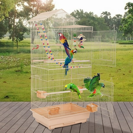 Dkelincs 39 Inch Big Birdcage Study Parakeet Cage Aviary with Accessories Roof Top Flight Parrot Cage with Ladder & Swing for Parakeet, Cockatiels, Parrots, Almond