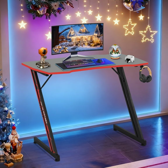 Dkelincs 39 inch Gaming Desk Z Shaped Computer Desk Large PC Gaming Table PVC Surface with Headphone Hook & Adjustable Feet for Teen, Red