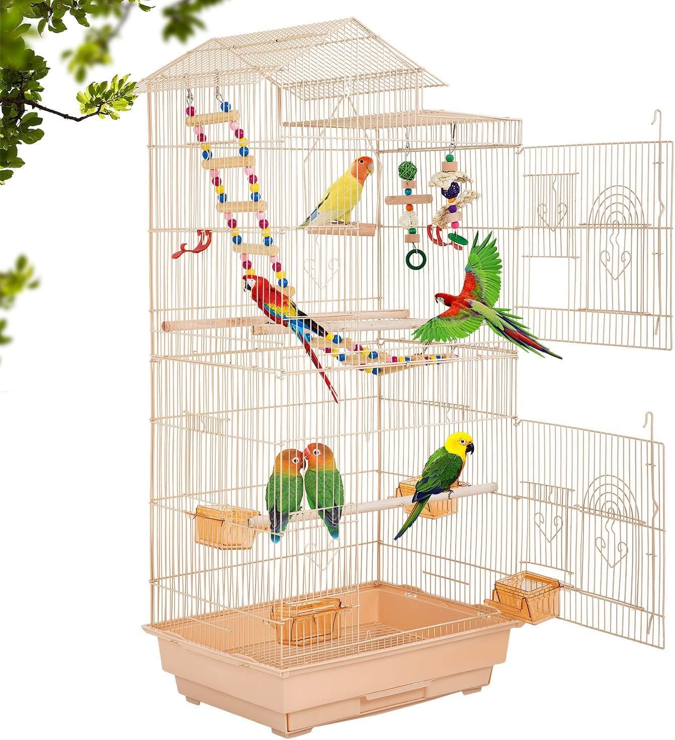 Dkelincs 39 inch Open Top Parakeet Bird Cage Large Flight Pet House Accessories with Toys, Almond