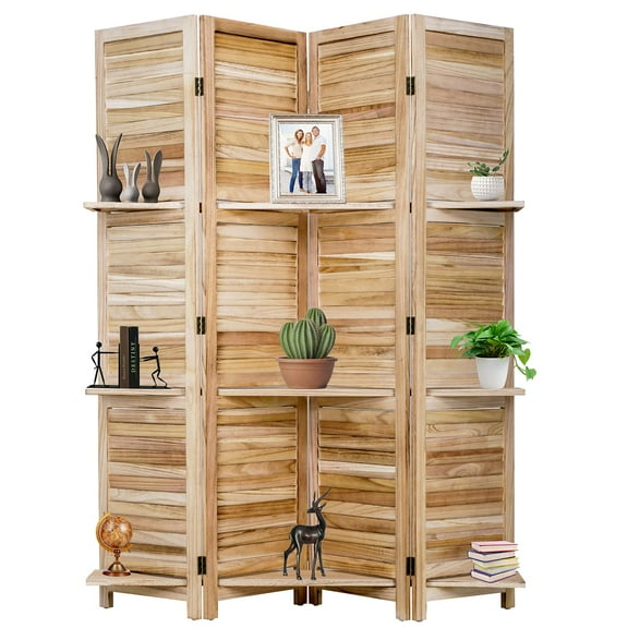 Dkelincs 4 Panel Room Divider Screen Wall Wood Room Dividers and Folding Privacy Screens 5.7 ft Partition Walls with Three Clever Shelf for Living Room, Nature