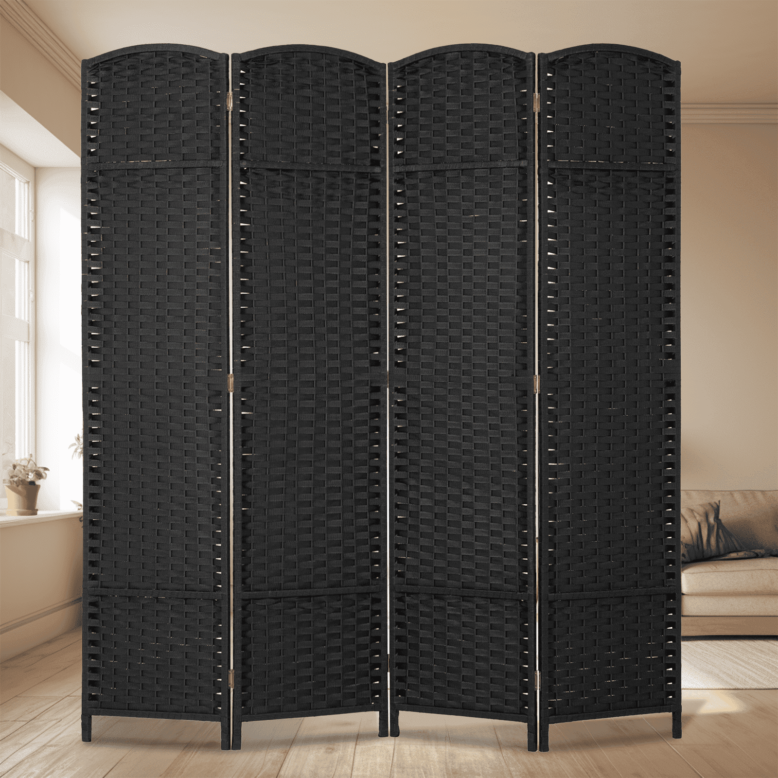 Dkelincs 4 Panel Room Dividers 5.6 FT Tall Portable Privacy Screen Folding Wood Partition Wall Divider for Room Separation, Black