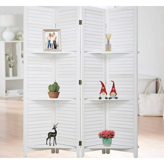 Dkelincs 4 Panel Wood Room Dividers and 5.7 ft Folding Privacy Screens with Three Clever Shelf for Living Room, White