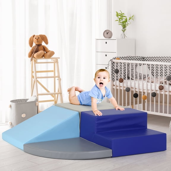 Dkelincs 4 Piece Baby Climb & Crawl Activity Play Set Safe Foam Blocks Toddler Climbing Toys Indoor, Blue