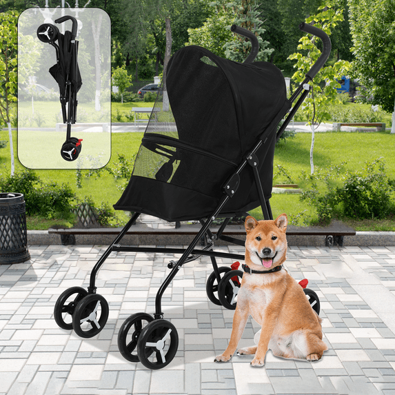 Dkelincs 4 Wheels Foldable Pet Stroller Dog Cat Stroller with Handlebars Breathable Mesh & Leash Seat Belt, Black
