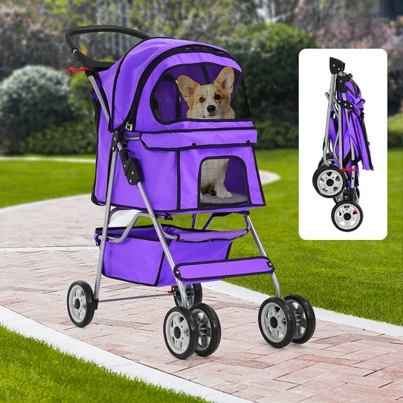 Dkelincs 4 Wheels Pet Stroller Folding Cat Dog Stroller Travel Carrier with Cup Holder & Storage Basket, Purple