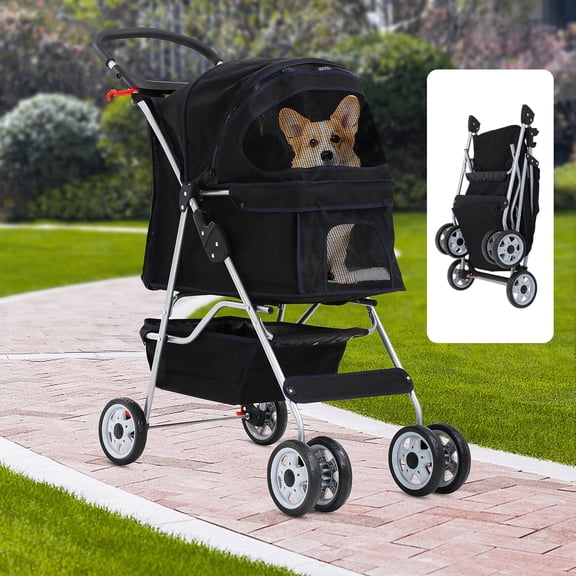 Dkelincs 4 Wheels Pet Stroller Folding Dog Cat Stroller Travel Carrier with Cup Holder & Storage Basket, Black