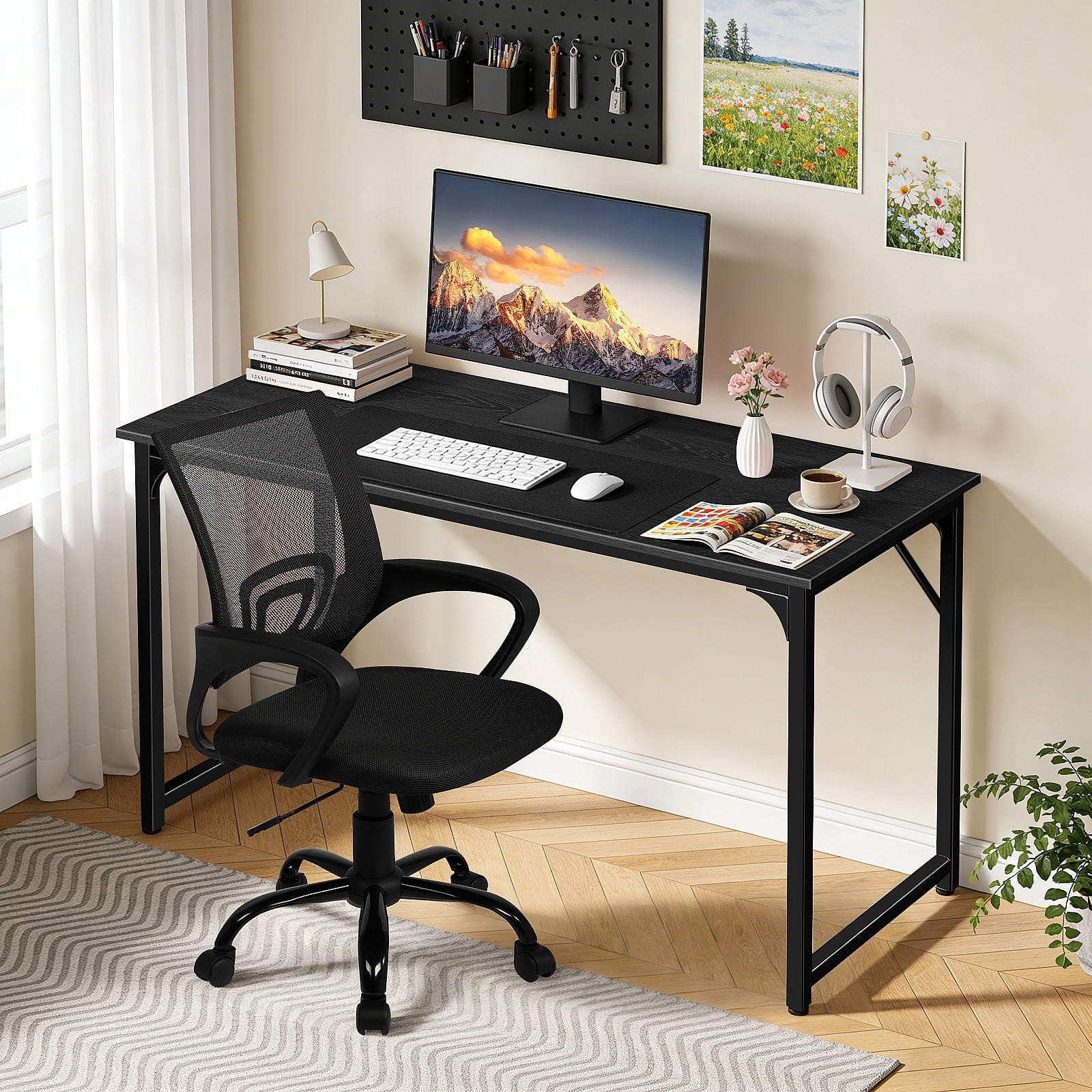 Dkelincs 40 inch Computer Desk and Chair Set Home Office Modern Wood Study Desk & Mesh Ergonomic Height Adjustable Office Chair for Small Spaces, Black & Black