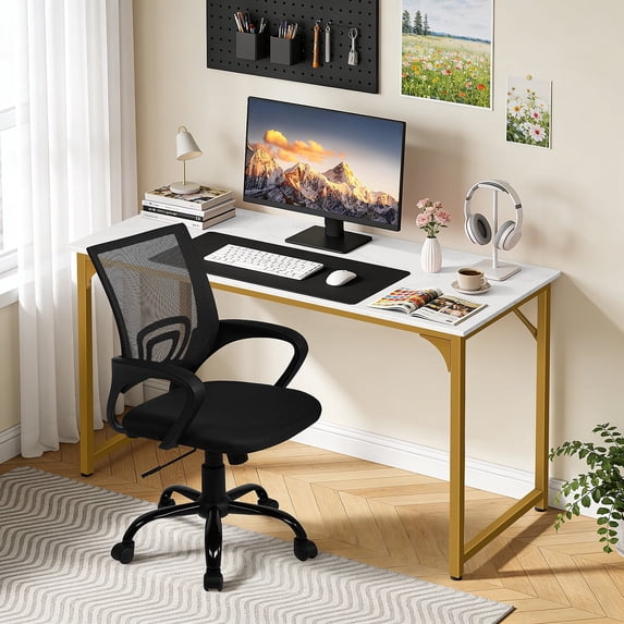 Dkelincs 40 inch Computer Desk and Chair Set Home Office Modern Wood Study Desk & Mesh Ergonomic Height Adjustable Office Chair for Small Spaces, Gold & Black