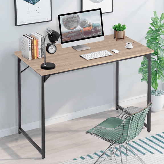 Dkelincs 40 inch Computer Desk Multi-Function Writing Table PC Wood Top Metal Frame Workstation, Nature