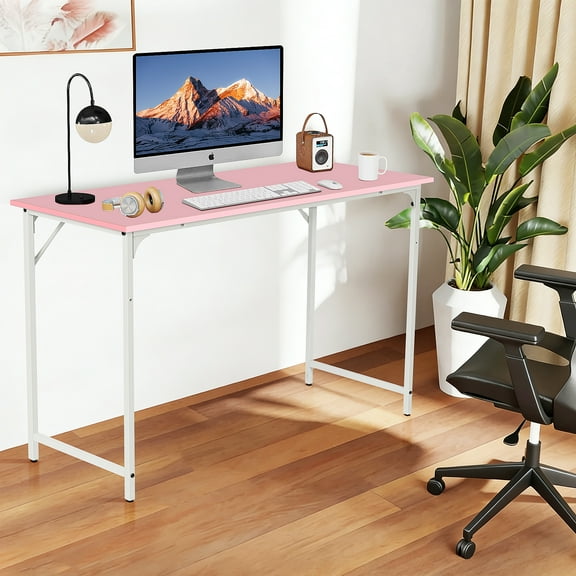 Dkelincs 40 inch Computer Desk Multi-Function Writing Table PC Wood Top Metal Frame Workstation, Pink