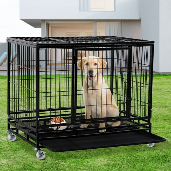 Dkelincs 42 inch Dog Cage Heavy Duty XL Dog Crate and Kennels with Wheels & Tray Dog Kennel with Double Doors for Dog Training