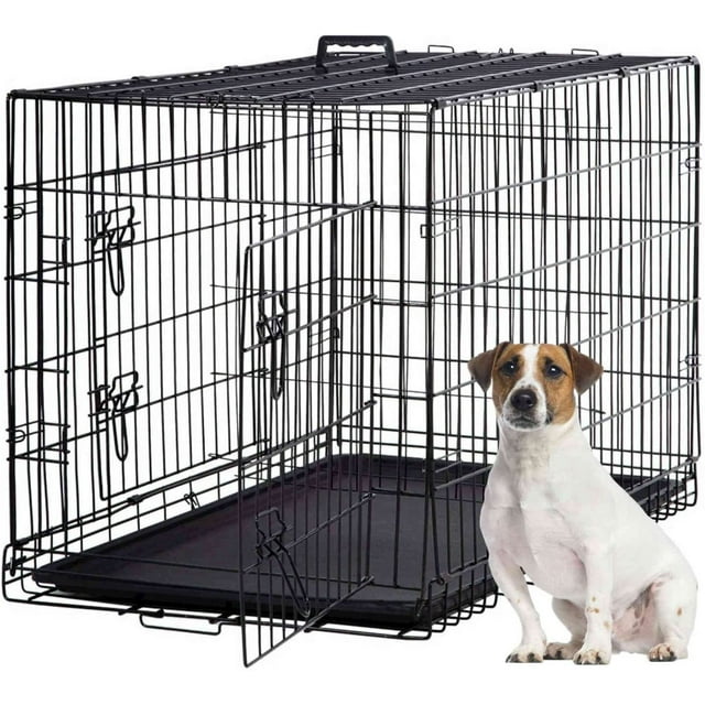 Dkelincs 42 inch Sturdy Double Door Dog Cage, XL Large Foldable Crate with Plastic Tray for