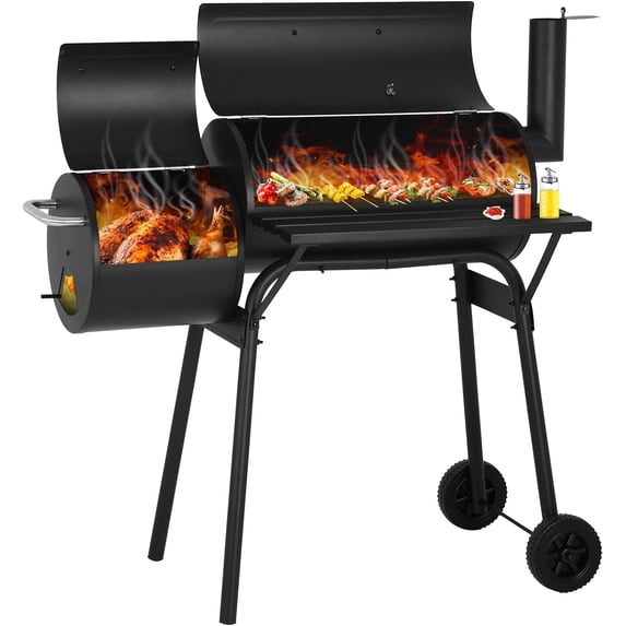 Dkelincs 43in Black Portable Charcoal Grill with Offset Smoker and Thermometer, Outdoor Barbecue