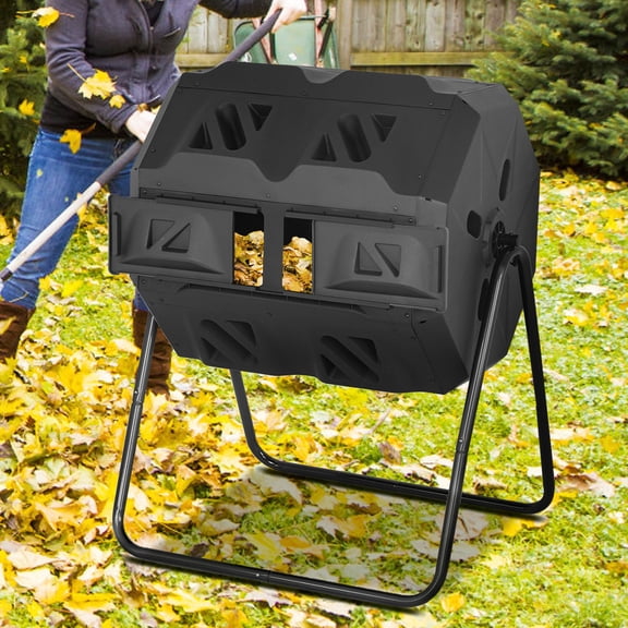 Dkelincs 43 Gallon Dual Chamber Compost Tumbler Outdoor Compost Bin Tumbling Composter with Sliding Doors, Black