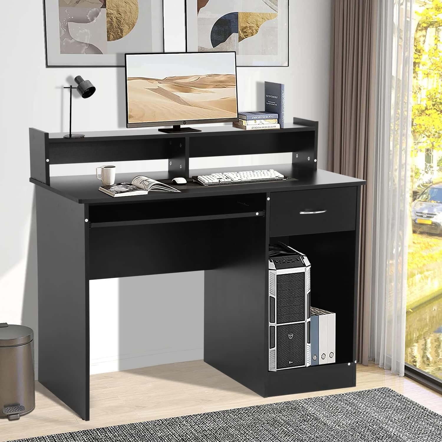 Dkelincs 43" Office Computer Desk with Drawer & Monitor Shelf & Keyboard Tray, Study Writing Desk Gaming Desk Executive Table for Home Office, Black