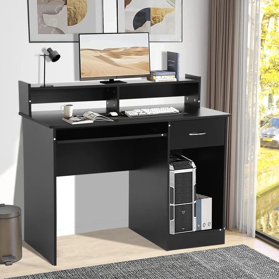 Dkelincs 43" Office Computer Desk with Drawer & Monitor Shelf & Keyboard Tray, Study Writing Desk Gaming Desk Executive Table for Home Office, Black