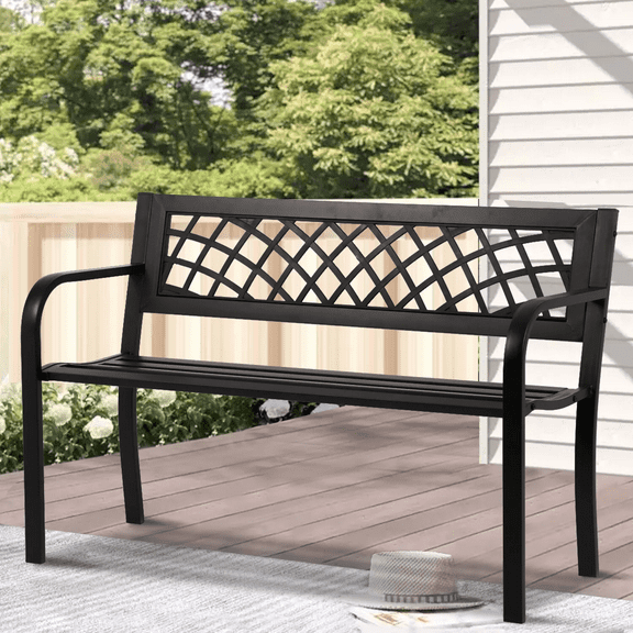 Dkelincs 45 Patio Garden Bench Outdoor Metal Bench 400 lbs Cast Iron Park Bench with Armrest, Black