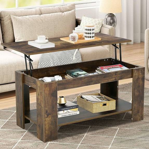 Dkelincs 47.2"L Lift Top Coffee Table with Hidden Compartment and Storage Shelf for Living Room, Brown