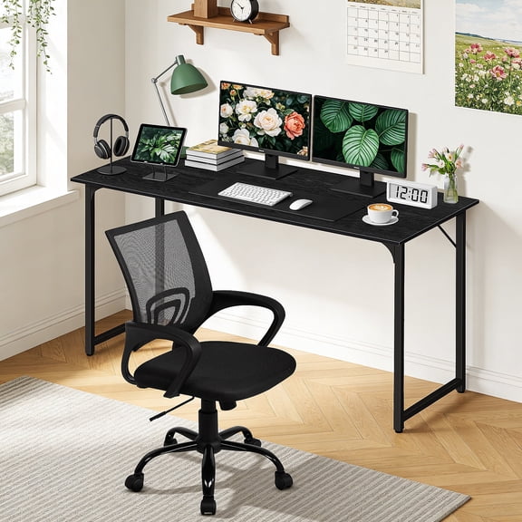 Dkelincs 47 inch Computer Desk and Chair Set Home Office Modern Wood Study Desk & Mesh Ergonomic Height Adjustable Office Chair for Small Spaces, Black & Black