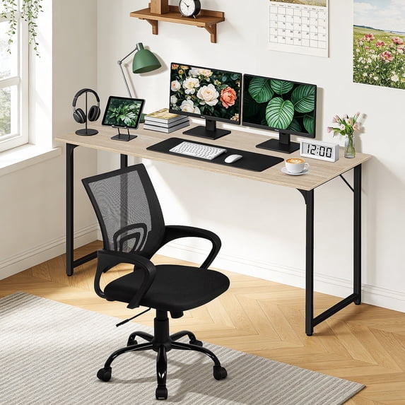 Dkelincs 47 inch Computer Desk and Chair Set Home Office Modern Wood Study Desk & Mesh Ergonomic Height Adjustable Office Chair for Small Spaces, Nature & Black