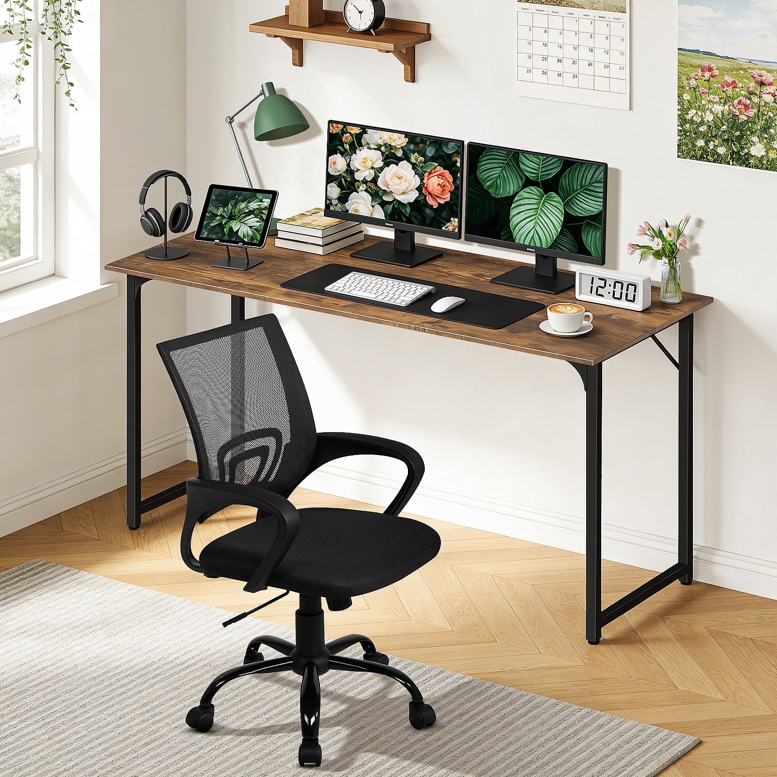 Dkelincs 47 inch Computer Desk and Chair Set Home Office Modern Wood Study Desk & Mesh Ergonomic Height Adjustable Office Chair for Small Spaces, Vintage & Black