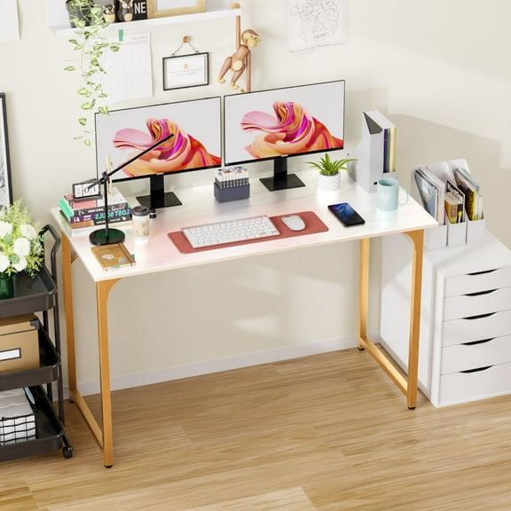 Dkelincs 48 inch Large Computer Desk Writing Desk Wood Top Metal Frame PC Laptop Table for Home Office Gaming Study, Gold