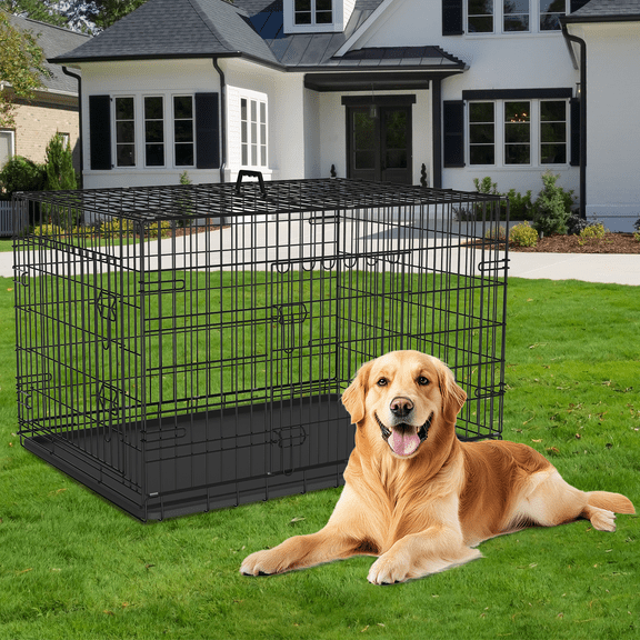 Dkelincs 48 inch Large Dog Crate Portable Foldable Dog Cage with 2 Doors, Handle, Plastic Tray, XXL Dog Kennel for Medium Large Puppy, Black