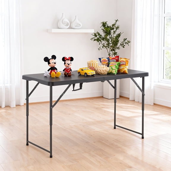 Dkelincs 4ft Folding Table with Handle Heavy Duty Plastic Portable Foldable Table Adjustable Indoor Outdoor Small Table for Picnic Camping BBQ Dining Events, Black