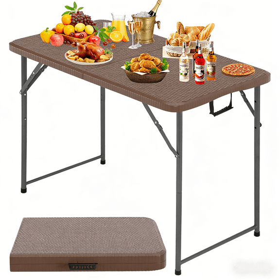 Dkelincs 4ft Folding Table Portable Plastic Table with Handle, Adjustable Height Foldable Table for Dining Camping Picnic Party(Brown Ratten)