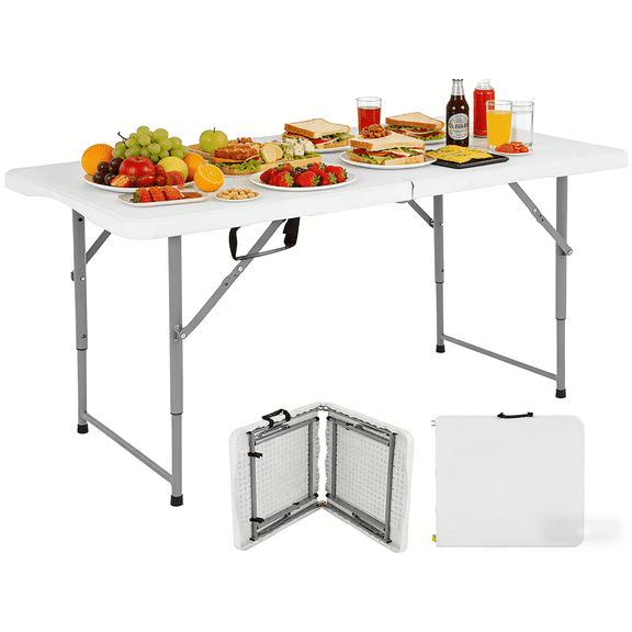 Dkelincs 4ft Folding Table Adjustable Height Picnic Camping Table Plastic Portable Table with Handle, White
