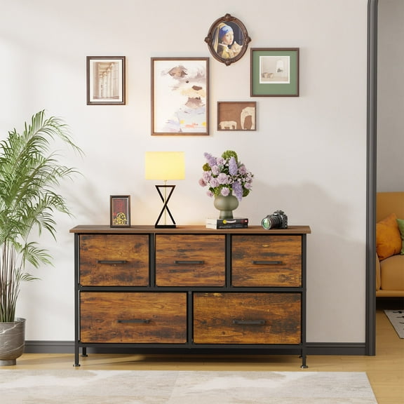 Dkelincs 5 Storage Drawers Dresser for Bedroom, Wide Fabric Closet Organizer, TV Stand with Wooden Top Metal Frame, Nature