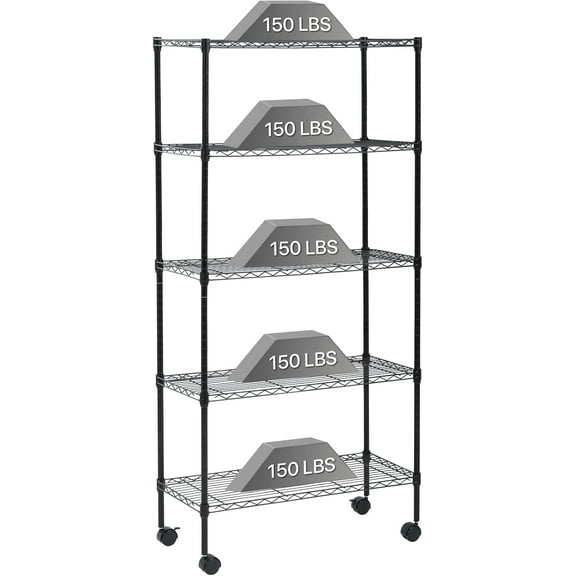 Dkelincs 5 Tier Wire Shelving Unit Adjustable NSF Metal Storage Shelves with Wheels for Garage Kitchen, Black
