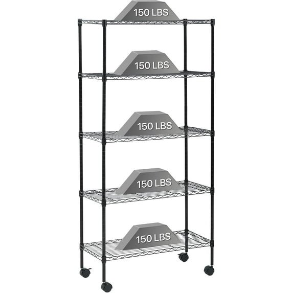 Dkelincs 5 Tier Wire Shelving Unit Adjustable NSF Metal Storage Shelves with Wheels for Garage Kitchen, Black