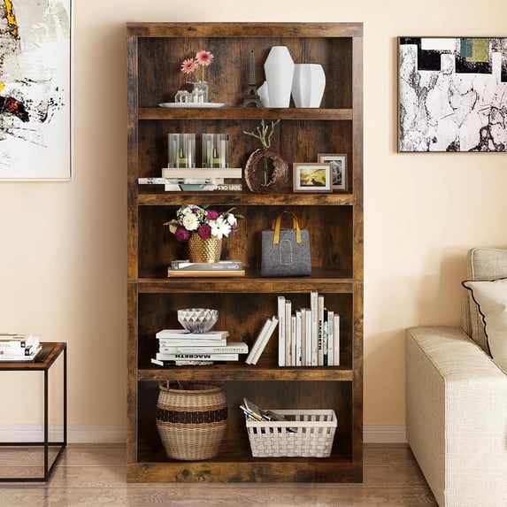 Dkelincs 5 Tier Wood Bookshelf 70" Tall Bookcase Storage Shelves Organizer for Living Room, Brown