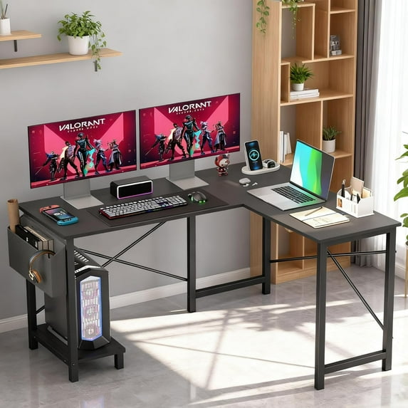 Dkelincs 50 inch L Shaped Home Office Desk with Side Storage Bag & CPU Stand, Corner Computer Desk for Study Writing & Gaming, Black