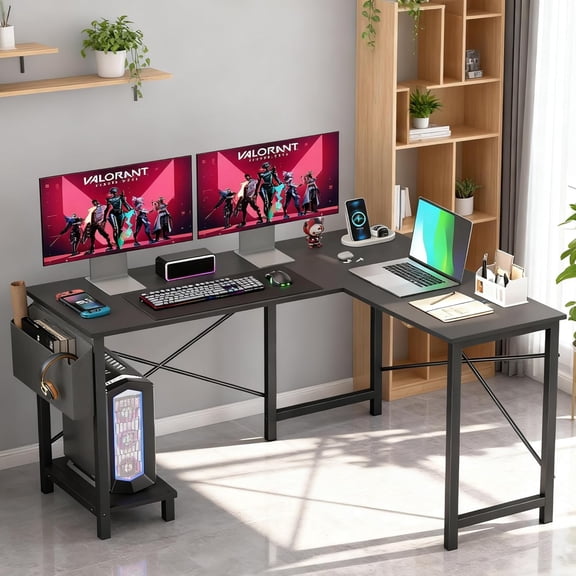 Dkelincs 50 inch L Shaped Home Office Desk with Side Storage Bag & CPU Stand, Corner Computer Desk for Study Writing & Gaming, Black