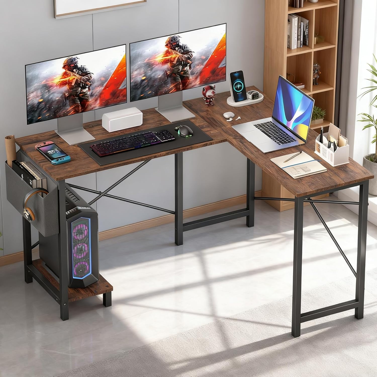Dkelincs 50 inch L Shaped Home Office Desk with Side Storage Bag & CPU Stand, Corner Computer Desk for Study Writing & Gaming, Brown