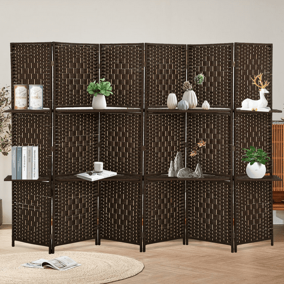 Dkelincs 6 Panel Wood Room Dividers Portable Folding Privacy Screen with Removable Storage Shelves, Brown