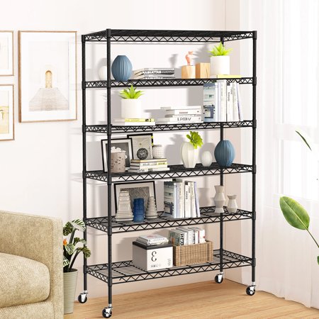 Dkelincs 6 Tier Wire Shelving Unit 2100 lbs Adjustable Metal Storage Shelf with Wheels for Garage Kitchen, Black