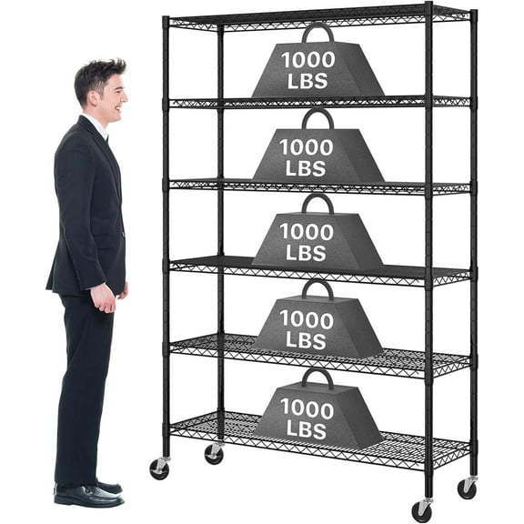 Dkelincs 6 Tier Wire Shelving Unit with Wheels Adjustable Metal Storage Shelves 6000 lbs NSF Garage Rack, Black