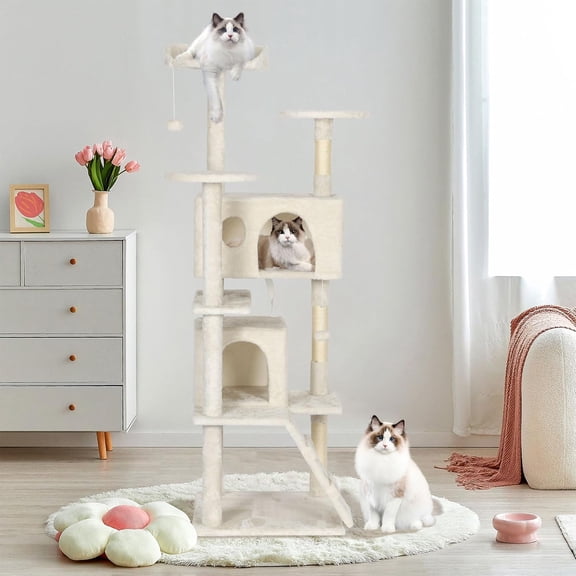 Dkelincs 62" Multi-Level Cat Tree Tower with Scratching Posts, 2 Condos & 3 Top Perches, Cat Condo Furniture Activity Center for Kittens Pet Play, Beige