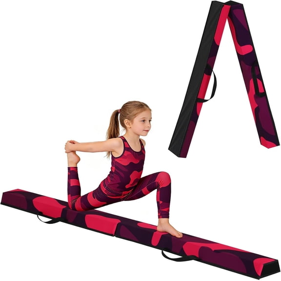 Dkelincs 6FT Folding Floor Balance Beam Portable Gymnastics Balance Beam with Carry Handle, Anti-Slip Base for Home Training Gym & Outdoor, PinkPurple