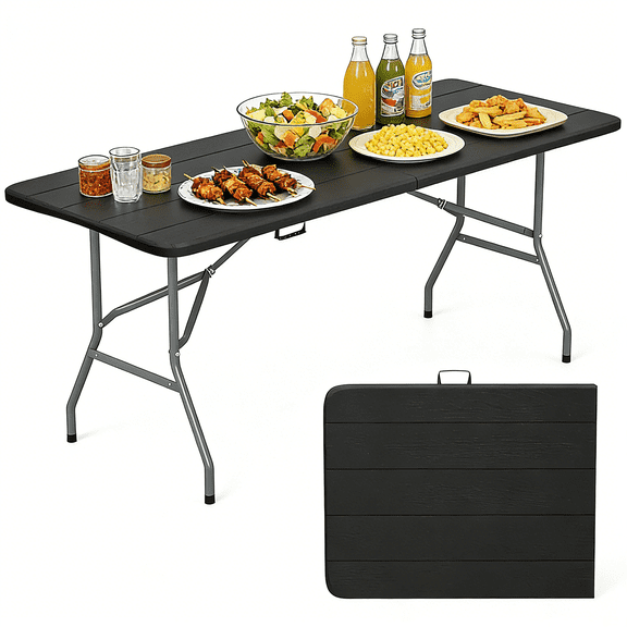 Dkelincs 6FT Folding Table, Heavy Duty Portable Table with Carry Handle Foldable Dining Table for Party Camping Picnic BBQ, Black Wood Grain