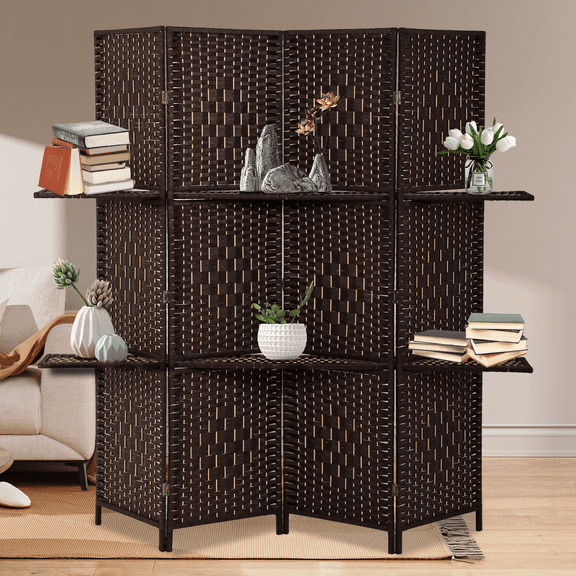 Dkelincs 6ft 4 Panel Wood Room Divider and Folding Privacy Screen with 2 Tier Display Shelves,Brown