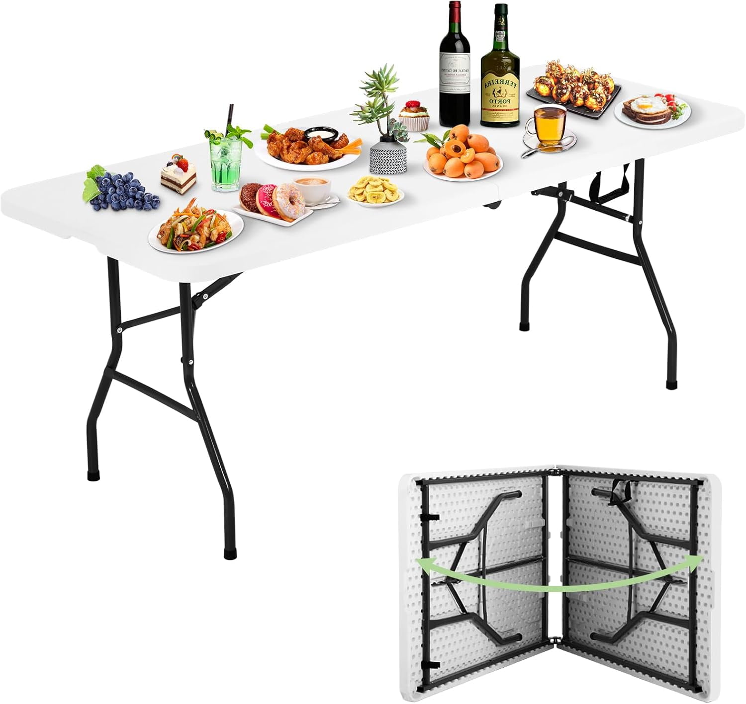 Dkelincs 6ft Folding Table Portable Plastic Camping Dining Table with Carrying Handle for Party ...