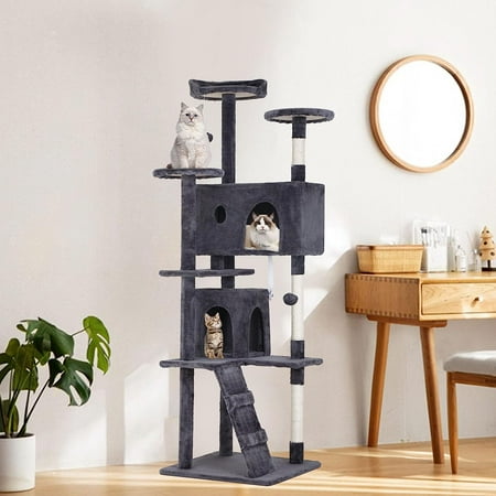 Dkelincs 70"H Large Multilevel Cat Tree, Double Condo Cat Tower with Scratching Post Tower & 3 Top Perches, Ashy