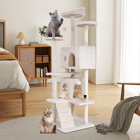 Dkelincs 70"H Large Multilevel Cat Tree, Double Condo Cat Tower with Scratching Post Tower & 3 Top Perches, Beige